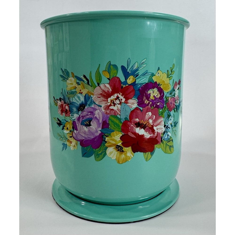 The Pioneer Woman Aqua Blue Floral Utensil Holder Crock Caddy Kitchen Organizer